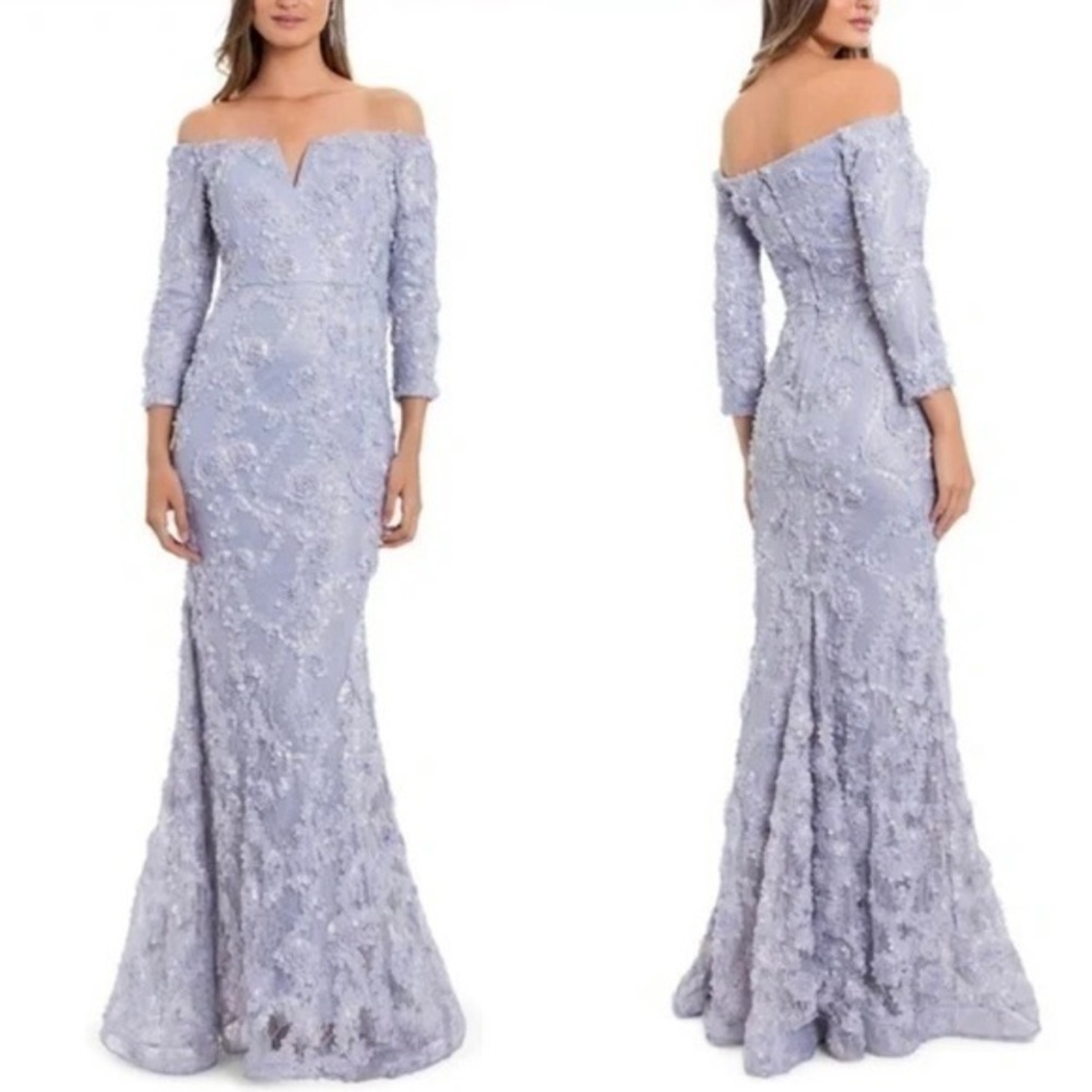 XSCAPE Off-The-Shoulder Lace Gown in Grey/Gold